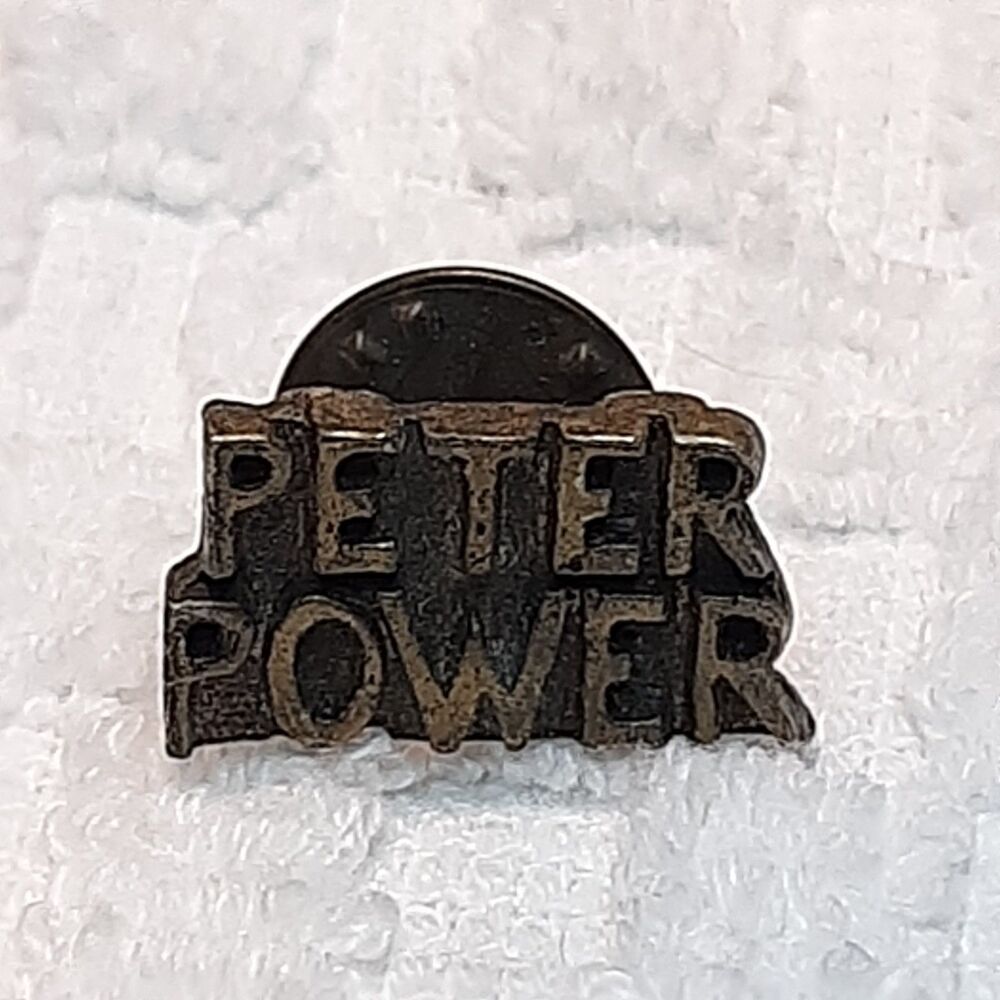 Vintage "PETER POWER"  metal lapel tac pin Gold/Brass-Tone Western Humor words